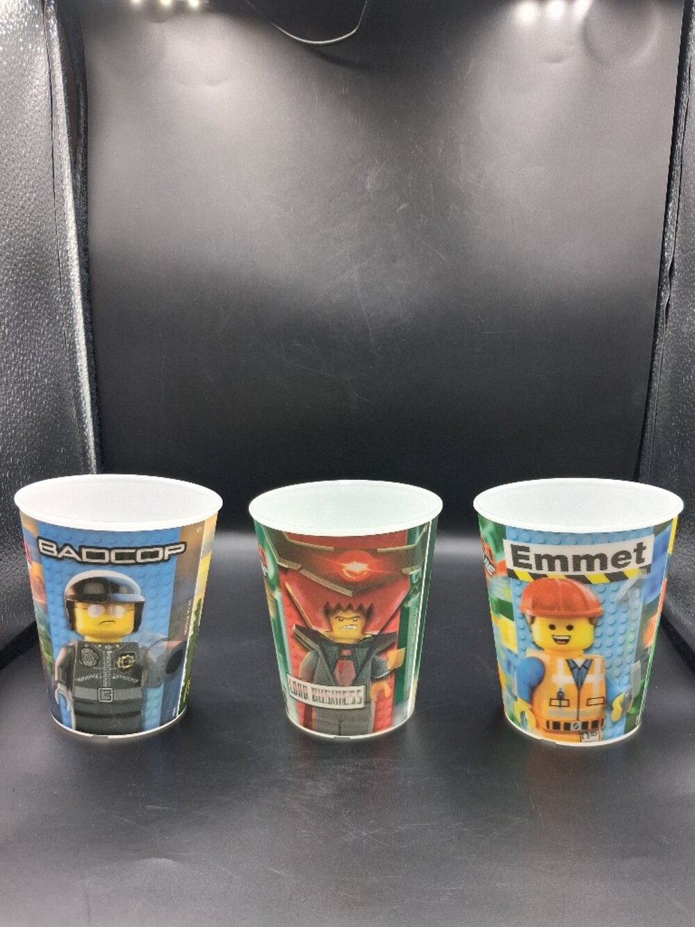 Lot of 3 Lego Movie 2013 McDonald's Holographic Cups Emmett, Cop, Lord Business